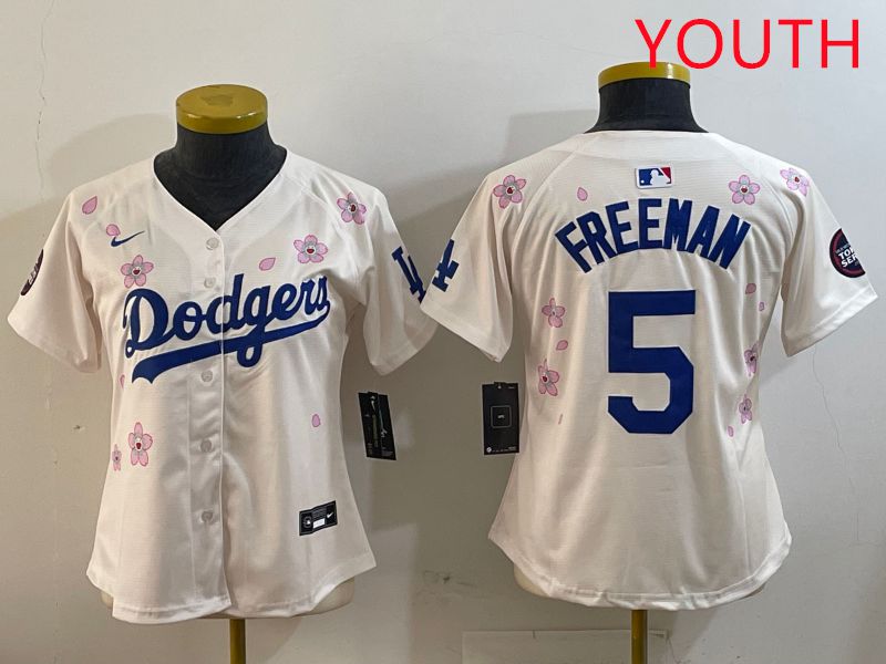 Youth Los Angeles Dodgers #5 Freeman Cream Sakura Edition 2025 Nike MLB Jersey style 1